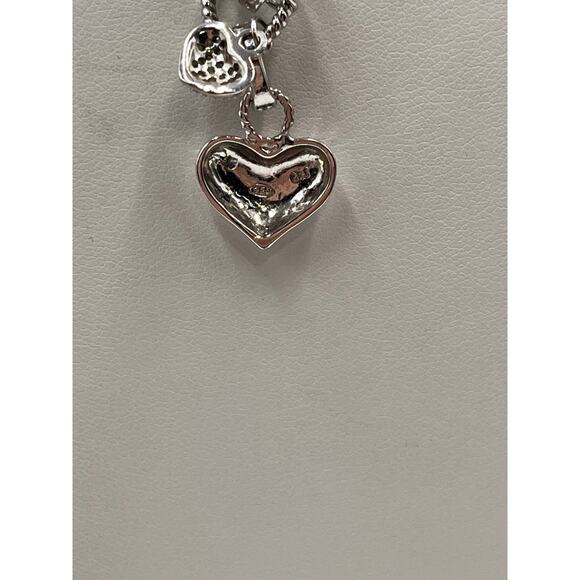 DBJ Sterling Silver Chain Pave and Smooth Heart Charms Double Strand Necklace - Picture 3 of 8